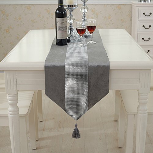 Jian ya na camino de mesa hecha a mano elegante estilo natural mantel con tira de diamantes y flecos para bodas y fiestas, gris, 32 * 180 cm