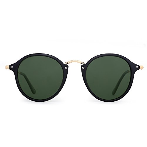 JIM HALO Gafas de Sol Polarizadas Retro Redondas Lentes de Espejo Pequeño Circulo Tintado Hombre Mujer(Negro Brillante/Verde Polarizado)