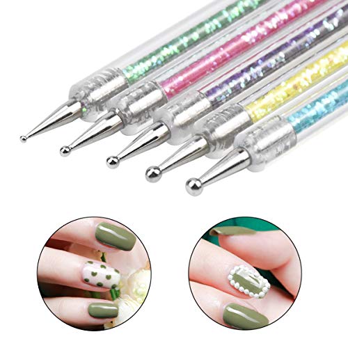 Jinlaili 5PCS Pinceles para Unas de Gel, Pincel Unas para Decoracion, Doble Punta Pinceles Para Uñas, Herramienta de Punteado para Diseños de Uñas (Lentejuelas)