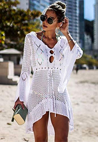 Jinsha Vestido de Playa - Mujer Pareos y Camisola de Playa Sexy Cover up, Talla unica, Blanco