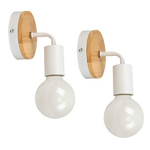 JINYU Decoración de madera blanca Lámpara de pared arriba/abajo decorativa de interior,Rústico País Vintage Loft Accesorio de cabecera Montaje Retro cálido Edison Lámparas E27 Max 60W,Paquete de 2