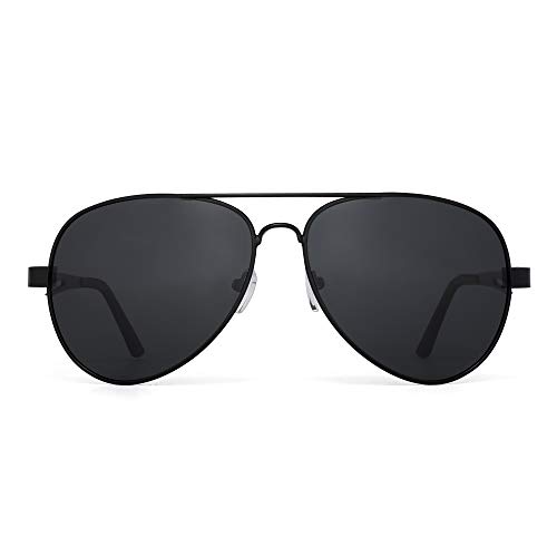 JM Gafas de sol piloto polarizadas retro hombres, mujeres, montura de metal con bisagras de resorte, protección UV 400 (montura negra/lente gris polarizada)