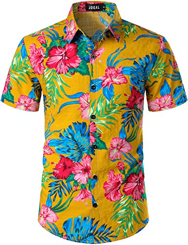 JOGAL - Camisa hawaiana para hombre, diseño de flores Amarillo Jengibre L