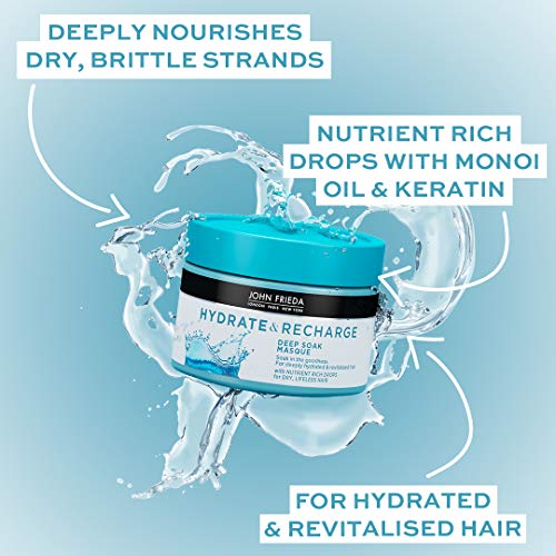 John Frieda Hydrate & Recharge Deep Soak Masque Acondicionador profundo con aceite monoi y queratina para cabello seco y sin vida, 250 ml