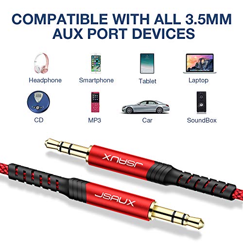 JSAUX Cable Jack 3.5mm Macho Macho [2PC,1.2M] Duradero Cable Audio Jack 3.5mm de Nylon Trenzado Premium Cable Aux Auxiliar para Auriculares, iPod, iPhone, iPad, Audio de Coche, Smartphones, MP3-Rojo