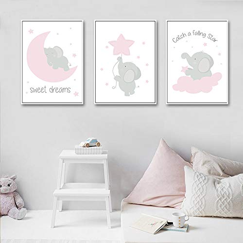 Juego de 3 Impresiones Infantiles Posters Animales Niños Elefante Rosa Cuadros Dormitorios Bebe Sin Marco NPTWC008-XL