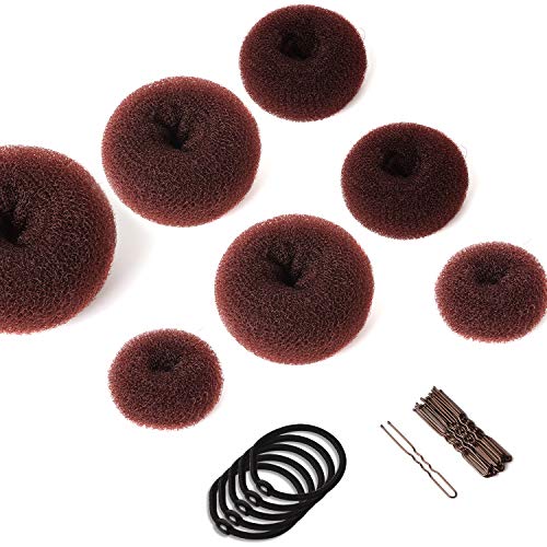 Juego de 7 piezas para hacer moños de pelo, estilo anillo, con 5 lazos elásticos para el pelo, 20 horquillas para peinados Chignon, juego de moño para niños y niñas (marrón)