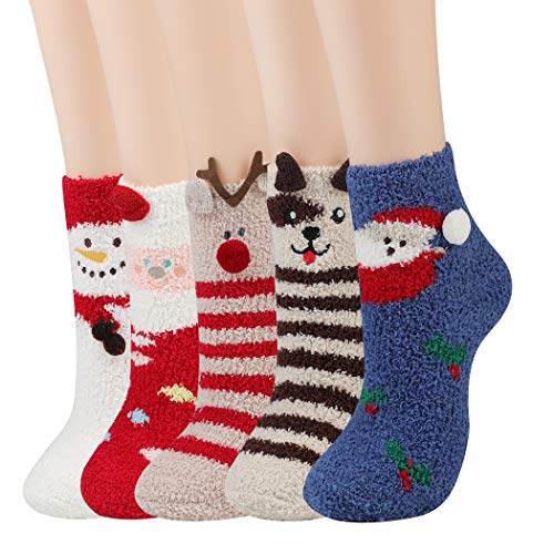 JUSTDOLIFE Calcetines de Navidad para Mujer, 5 Pares de Calcetines de Felpa, Calcetines Suaves y Calcetines Calentitos de Invierno (Caja De Regalo De 5 Piezas)