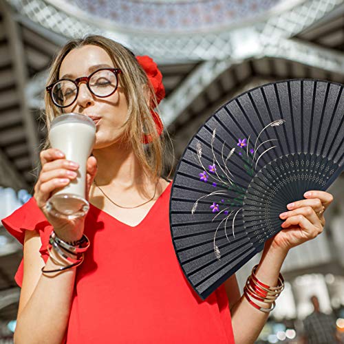 KAKOO Abanico Tela Abanico Chino Madera Ventilador orquídea Abanico de Mano Ventilador japonés Negro con Caja de Regalo y Bolso de almacenaje para Enfriar el Cuerpo y Decorar Boda casa y Fiesta