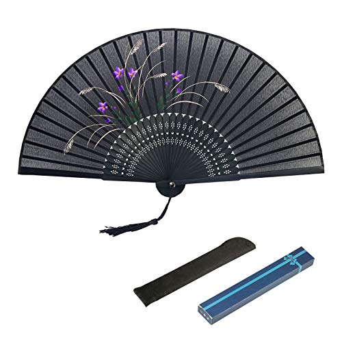 KAKOO Abanico Tela Abanico Chino Madera Ventilador orquídea Abanico de Mano Ventilador japonés Negro con Caja de Regalo y Bolso de almacenaje para Enfriar el Cuerpo y Decorar Boda casa y Fiesta