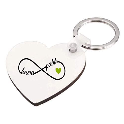 Kembilove Llavero Personalizado Pareja con Nombres - Llavero Personalizado Forma corazón con el Signo del Infinito con Nombres Color Verde - Regalo Romántico Pareja, San Valentín, Aniversario