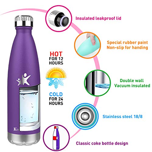 KollyKolla Botella de Agua Acero Inoxidable, Termo Sin BPA Ecológica, Botellas Termica Reutilizable Frascos Térmicos para Niños & Adultos, Deporte, Oficina, Yoga, Ciclismo, (500ml Morado Oscuro)