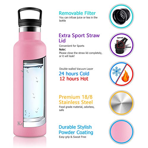 KollyKolla Botella de Agua Acero Inoxidable, Termo Sin BPA Ecológica Reutilizable, Botella Termica con Pajita y Filtro, Water Bottle para Niños & Adultos, Deporte, Oficina, Yoga, (500ml Rosado)