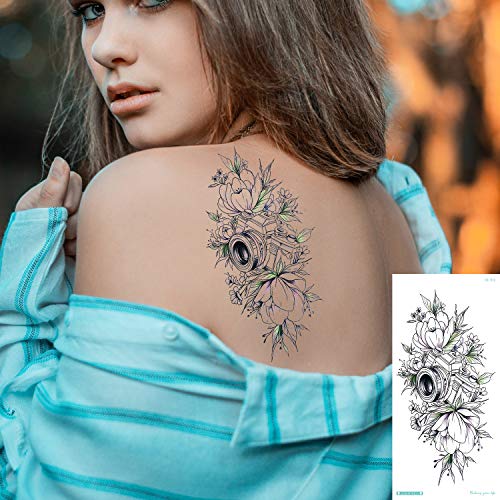 Konsait Tatuajes Temporales para Adultos Mujeres Niños, 14 grande Hojas Impermeable flor Tatuaje Temporal Falso Negro Tatuajes para brazos pecho trasero piernas