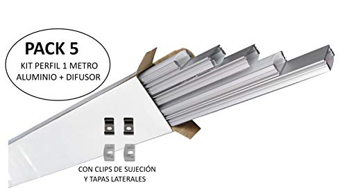 (LA) 5x Perfil de Aluminio 1m para Tira de LED con Cubierta Blanca Lechosa. Los tapones de los extremos y los clips de montaje de metal están incluidos en el Pack. (PACK X5)