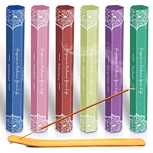 LA BELLEFÉE 120 Incienso Palitos, Juego de 6 - Cajas de 41 g Cada una, Sándalo, Pachulí, Violeta Africana, Fresa, Jazmín, Cereza Silvestre Yoga, Aromaterapia, Relajación, Meditación