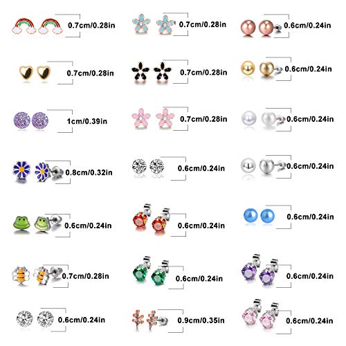 LABOTA 42 pares de pendientes de tuerca de acero inoxidable con diseño de zorro y corazón de zorro, estrella de mariquita, rana, árbol de seta, margarita, oro rosa, blanco y perla (árbol de animales)