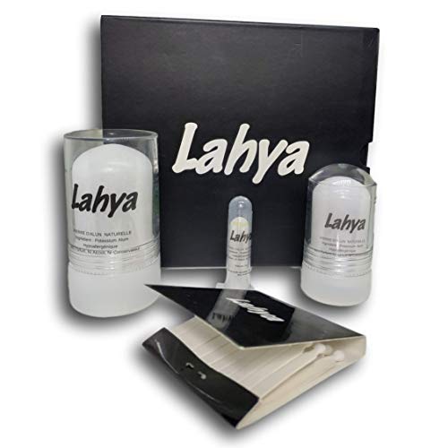 Lahya Caja de Piedras de alumbre 1 Barra de 120 gr, 1 Barra de 60 gr y 1 Barra de 5 gr parabenos - Desodorante 100% Natural - Solución económica. Solución económica. Gratis: Placas Anti Cortes.