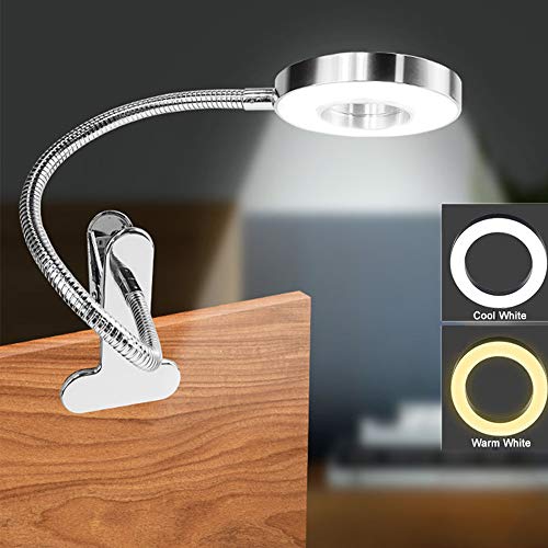 Lámpara flexo con pinza luz de escritorio, Protección ocular, Funciona con USB, Se puede girar por 360 grados, Lámpara de mesa-Blanco frío y cálido, 6W Entrada 86-265V, Sin adaptador (plateado)