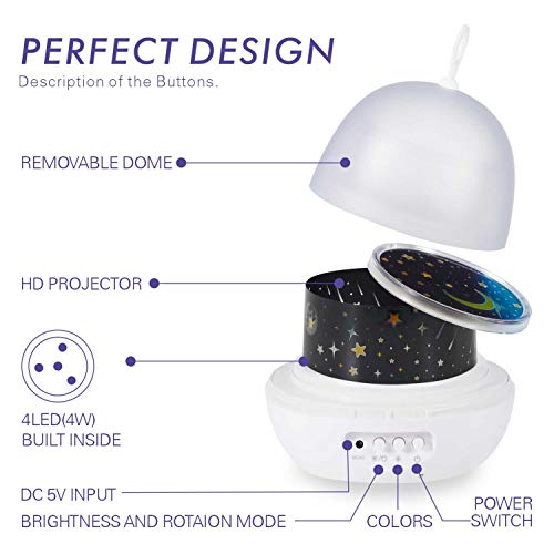 Lámpara Proyector，Iluminación Romántica con Rotación 360 Grados de Estrellas y Cosmos，Lámpara Infantil con Control de Temporizador, USB & Pilas y 8 Modos para Niños, Novia, Cumpleaños y Fiesta