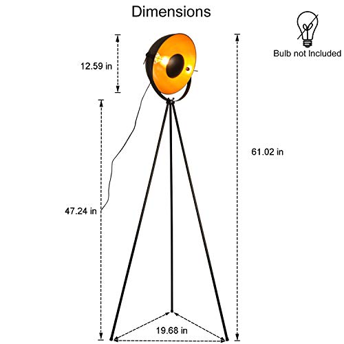 Lampara Tripode Pie Grande Industrial con Pantalla Metal Dorada Negra para Salon Lectura Habitacion Cocina Comedor,Iluminacion Diseno Dormitorio Foco Noche alta estilo Nordico Vintage sin bombilla