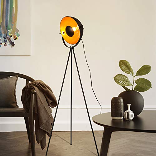 Lampara Tripode Pie Grande Industrial con Pantalla Metal Dorada Negra para Salon Lectura Habitacion Cocina Comedor,Iluminacion Diseno Dormitorio Foco Noche alta estilo Nordico Vintage sin bombilla