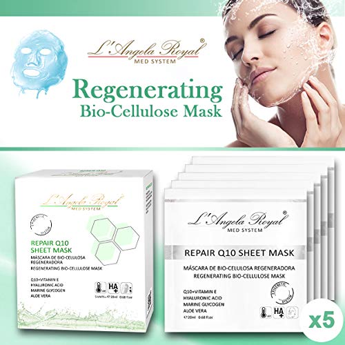 L'Angela Royal Mascarilla Regeneradora Repair Sheet Mask, Mascarilla facial BIO- Celulosa, Q10+Vitamina E, Aloe Vera, Hidratante, Disminuye la Formación de las Arrugas para la cara, 5uds.