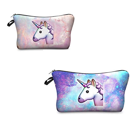 Leah's fashion Neceser de Maquillaje Estuche Escolar Pochette para Cosméticos Bolsa de Aseo Pequeña Práctico Estampado Impresión Diseño Unicornio 2pcs/pack