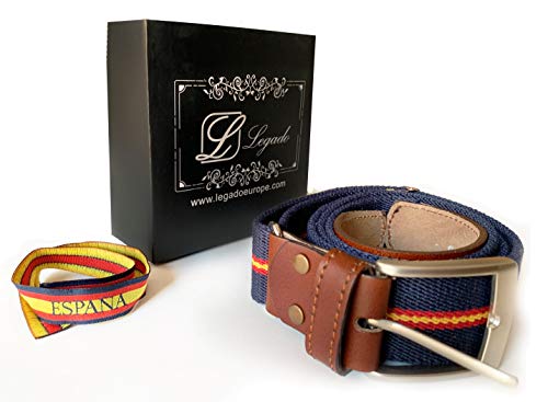 LEGADO Cinturon hombre y pulsera bandera España, cinturon elastico con cuero marron, Piel de Ubrique como nuestras carteras y accesorios. (Marino con Bandera España)