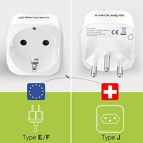 LENCENT 2X Adaptadores de Viaje Suiza Tipo J, Enchufe de 2 Clavijas de Europa a 3 Clavijas Suizo para Suiza Jordania Liechtenstein Maldivas (Tipo J)