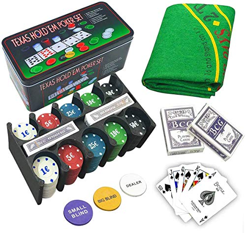 LEYENDAS CROWN Set de póker Caja de Metal, 200 fichas de póker, 2 Cubiertas, botón de repartidor, ciega pequeña, Gran ciega, tapete de Juego (B)