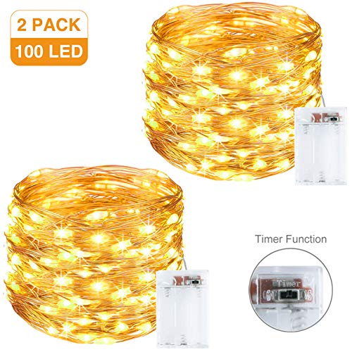 Litogo Guirnalda Luces Pilas, Luces LED Pilas [2 Pack], LED luces decorativas habitacion 10m 100 LED Luces de Cadena Micro con Función de Temporizador para Decoración Interior Bodas Fiesta de Navidad