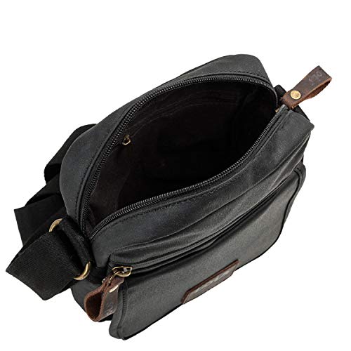 Lois - Bolso Bandolera de Hombre de Lona Denim y Piel Ajustable Múltiples Compartimentos Funcional Práctica Cómoda para Uso Diario 307821, Color Negro