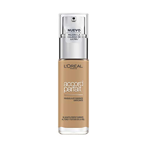 L'Oréal Paris Accord Parfait, Base de maquillaje acabado natural con ácido hialurónico, tono piel medio-oscuro 6.5D, 30 ml