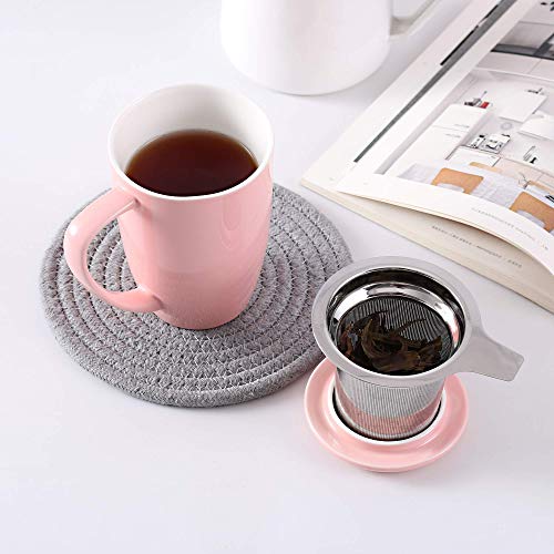 LOVECASA Tazas de Té con Tapa y Filtro Acero inoxidable 450 ML, Tisana de Porcelana Rosa