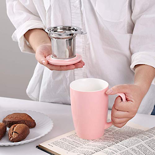 LOVECASA Tazas de Té con Tapa y Filtro Acero inoxidable 450 ML, Tisana de Porcelana Rosa