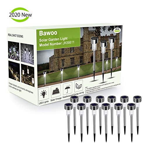 Luces Solares Jardín LED Bawoo 12 Pack Jardín Lámpara de Camino de Paisaje Iluminación de Exterior Impermeable IP65 Luce de Solare Acero Inoxidable Blanco Para Patio Césped Pasillo Terraza Sin Cables