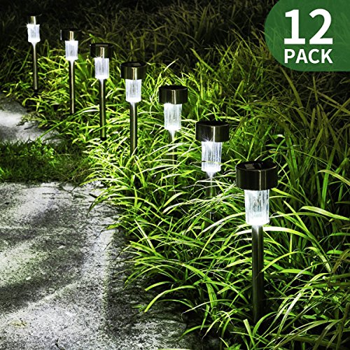 Luces solares para el jardín Gigalumi, camino de luces LED para exteriores, de acero inoxidable, 12 unidades, blanco