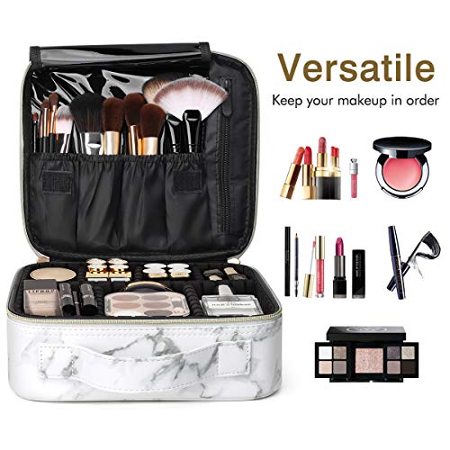 Luxspire Caja de Maquillaje de Viaje, Neceser Maquillaje Portátil, Doble Capa Cosmética Bolsa con Divisores Ajustables para Acomodar Cosméticos, Pinceles de Maquillaje, Joyas - Mármol Blanco