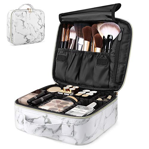 Luxspire Caja de Maquillaje de Viaje, Neceser Maquillaje Portátil, Doble Capa Cosmética Bolsa con Divisores Ajustables para Acomodar Cosméticos, Pinceles de Maquillaje, Joyas - Mármol Blanco