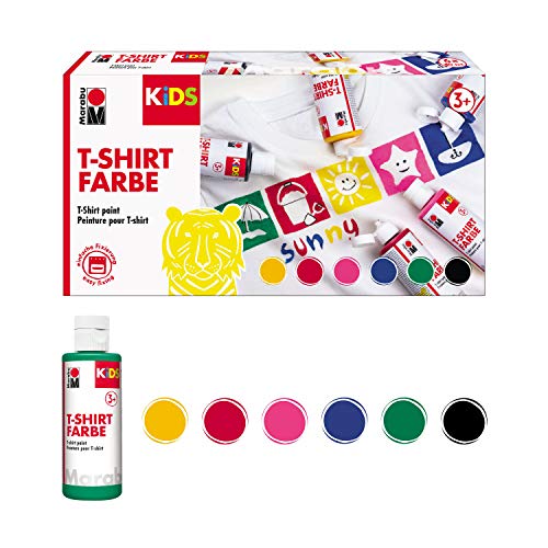 Marabu- Kids Shirt Farbe - Pintura para Camiseta Infantil, 6 x 80 ml, para diseños creativos en Textiles claros, Resistente al Lavado hasta 60 °C, Ideal para niños, Color carbón (0308000000001)