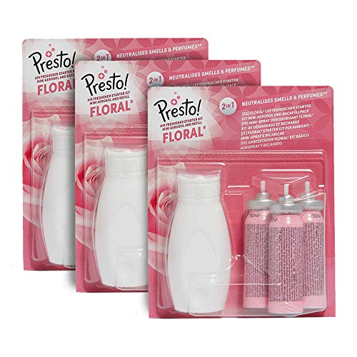 Marca Amazon - Presto! Ambientador Floral* Kit básico Minispray y Recambio (1 Aerosol & 3 recargas) - Pack de 3