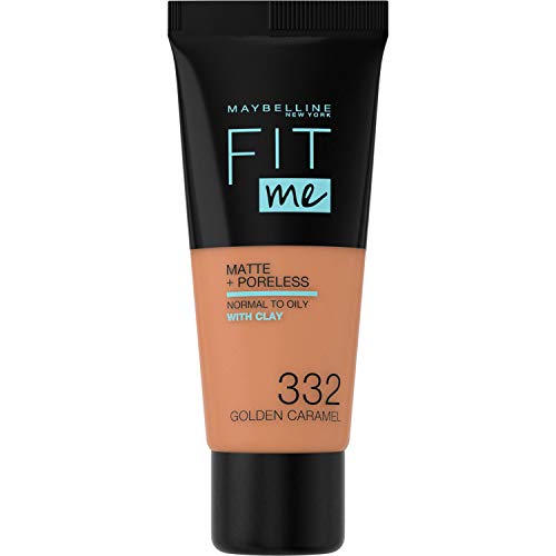 Maybelline New York - Fit Me, Base de Maquillaje Mate Afina Poros, Tono 332 Golden Caramel - 30 ml