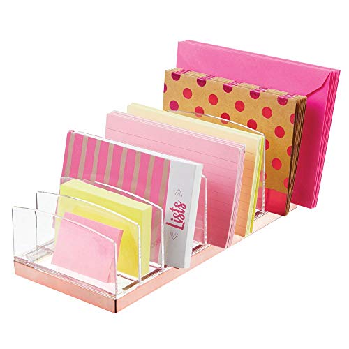 mDesign Organizador de maquillaje en plástico – Clasificador con 9 compartimentos para organizar maquillaje – Bandeja organizadora para lavabo, tocador o armario – transparente/dorado rojizo