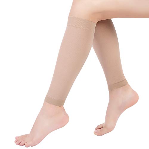 Medias de Compresión para Mujeres y Hombres, 20-30 mmHg Calcetines de Compresión Cortas, Punta Abierta, Medias Compresión Fuerte para Venas Varicosas, Edema, Embarazo, Mejora la Circulación (Beige, L)