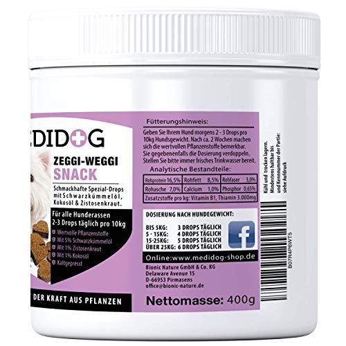 Medidog Zeggi Weggi 400 g Premium Protección Drops para perros, prensado en frío y cereales, con aceite de comino negro, aceite de coco y zistrosa, hipoalergénico, sin garrapatas, garrapatas, pinzas