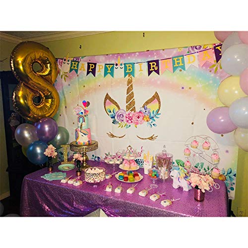 Mehofoto Fondo de Fiesta de cumpleaños con temática de Unicornio arcoíris, 7 x 5 pies, Fondo de fotografía de Unicornio de Vinilo Floral en Color de Agua para Banner de Fiesta de Baby Shower de niña