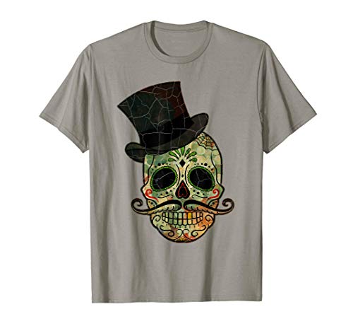 Mexican Floral Top Hat Day Of Dead Skull Moustache Camiseta