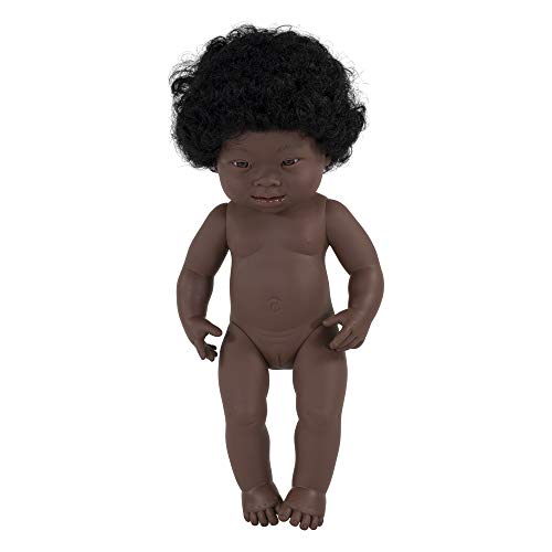 Miniland –Muñeca bebé Africana Niña Down. Vinilo Suave de 38cm. Rasgos étnicos y sexuado para el Aprendizaje de la Diversidad. Ligero y Agradable Perfume. Colección de Diferentes etnias y sexos.