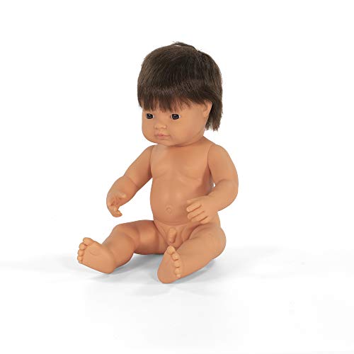 Miniland –Muñeco bebé Europeo Niño Moreno. Vinilo Suave de 38cm. Rasgos étnicos y sexuado para el Aprendizaje de la Diversidad. Ligero y Agradable Perfume. Colección de Diferentes etnias y sexos.